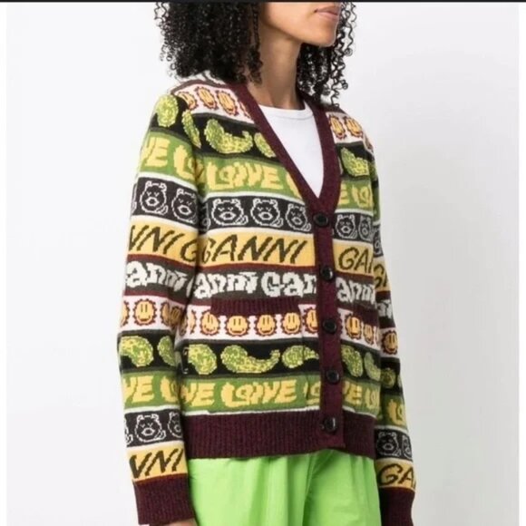 Ganni Sweaters - Ganni Love Smiley Face Striped Cardigan Italy Sz S